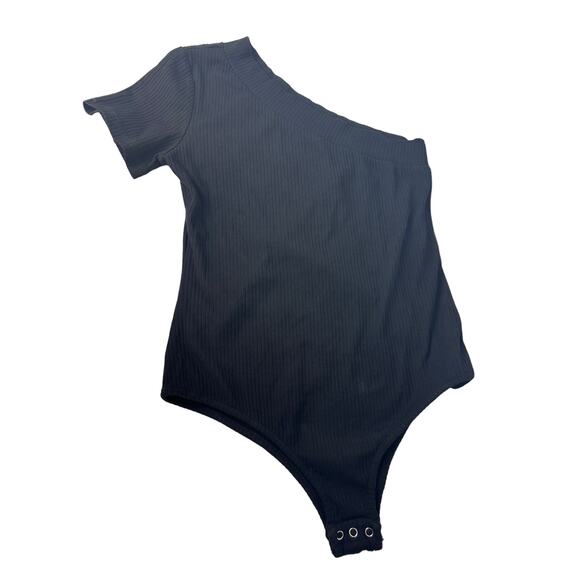 Reoria Womens Short Sleeve Ribbed Knit One Shoulder Casual Black Bodysuit Large - Picture 1 of 6